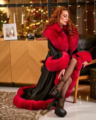 Luxury Extra-Long Silk Robe with Blue Fox Fur Trim