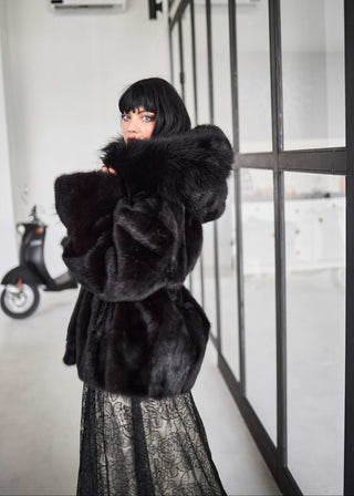 Mink Coat with Silver Fox Fur Trimmed Hood
