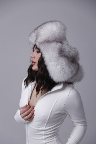 Saga Blue Fox Trapper Hat – Mongolian-Style Fur Hat with Full Neck Coverage