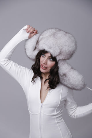 Saga Blue Fox Trapper Hat – Mongolian-Style Fur Hat with Full Neck Coverage