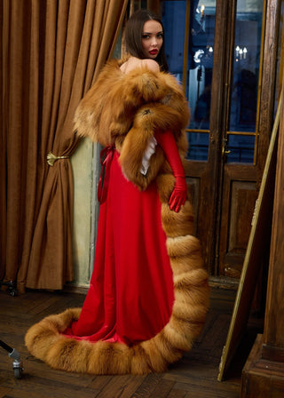 Royal Velvet Cape with Red Fox Fur Trim – Floor-Length Luxury Cloak