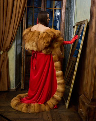 Royal Velvet Cape with Red Fox Fur Trim – Floor-Length Luxury Cloak
