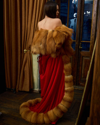 Royal Velvet Cape with Red Fox Fur Trim – Floor-Length Luxury Cloak