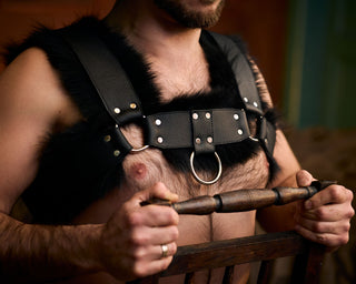 Men’s Leather Harness with Saga Blue Fox Fur – Statement Chest Harness