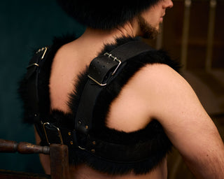 Men’s Leather Harness with Saga Blue Fox Fur – Statement Chest Harness