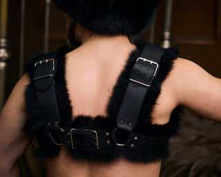 Men’s Leather Harness with Saga Blue Fox Fur – Statement Chest Harness