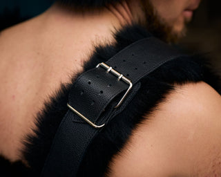 Men’s Leather Harness with Saga Blue Fox Fur – Statement Chest Harness