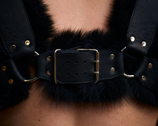 Men’s Leather Harness with Saga Blue Fox Fur – Statement Chest Harness