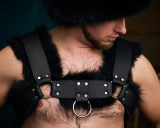 Men’s Leather Harness with Saga Blue Fox Fur – Statement Chest Harness