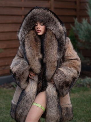 Saga Blue Fox Fur Coat with Finn Raccoon Fur Trim